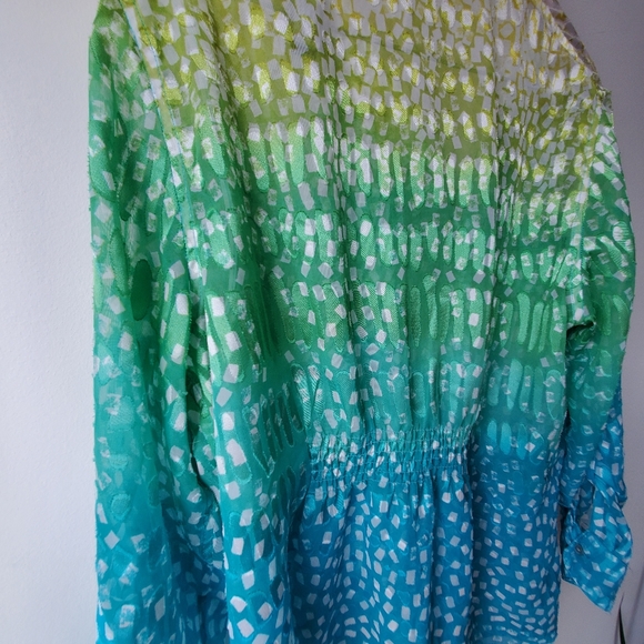 Tan Jay Blue Green Yellow Ombre Button Up Blouse - Picture 5 of 8